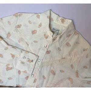 Womens Vintage Wrangler Ivory Fringe Western Shirt Pearl Snaps Size 38 Cotton